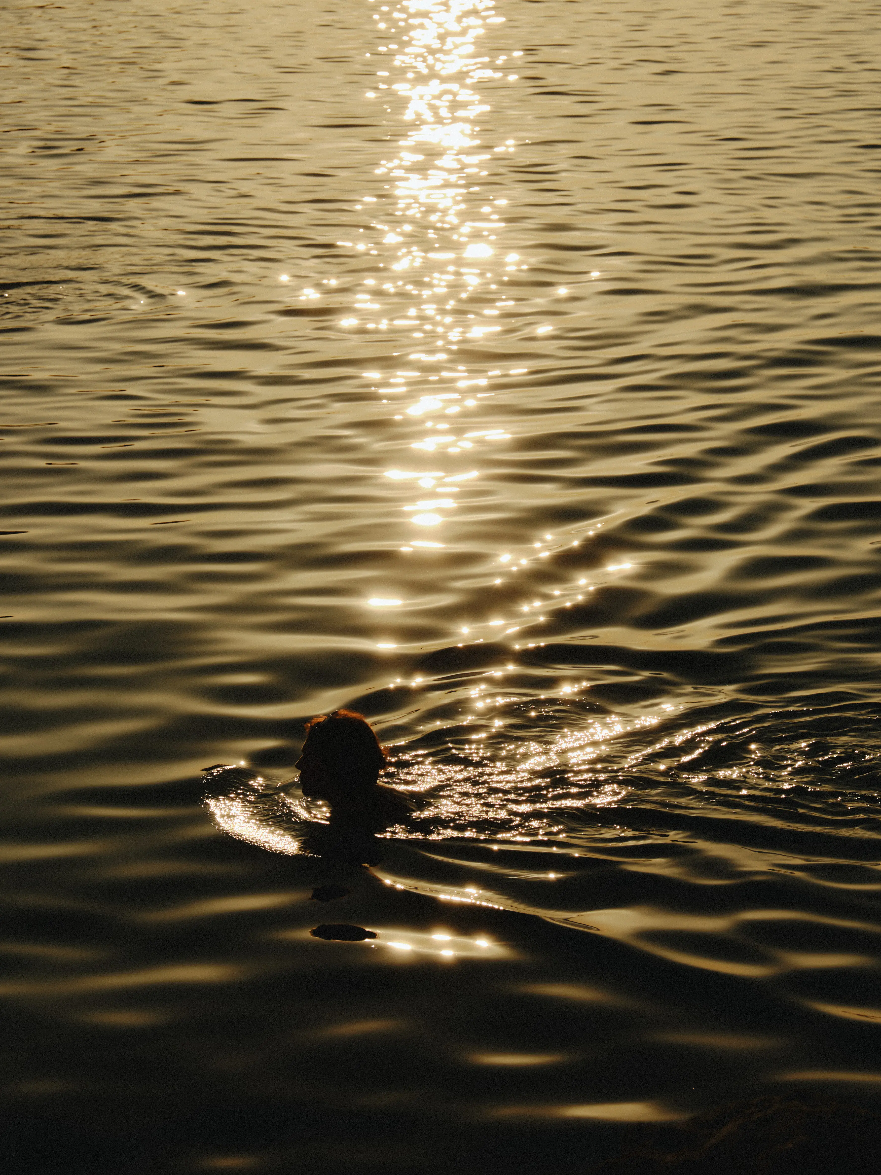 Nadador solitario en aguas relucientes al atardecer, con destellos dorados en la superficie ondulante.