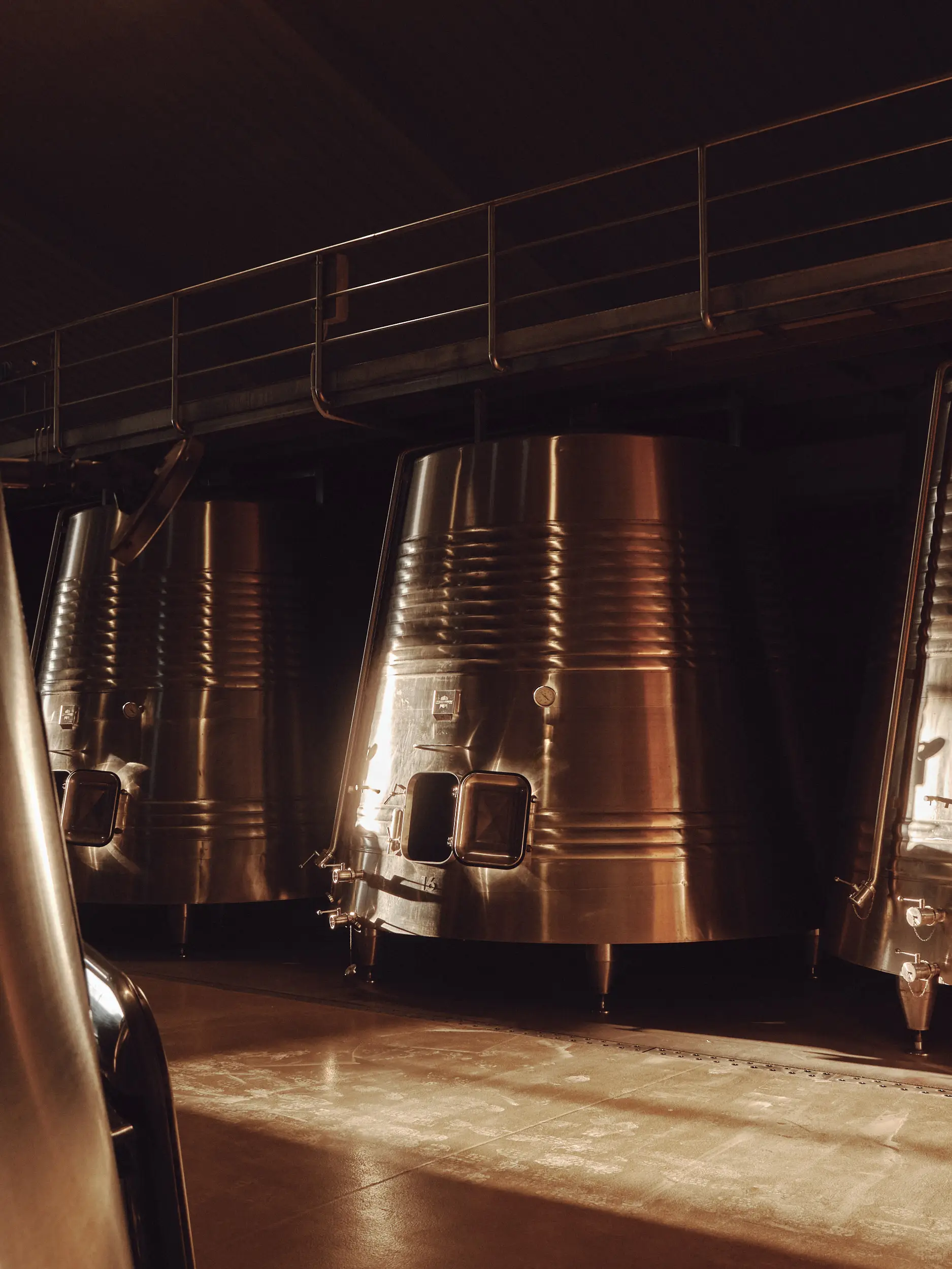 Filas de depósitos cónicos de acero inoxidable relucen en una bodega con iluminación ambiental dramática.