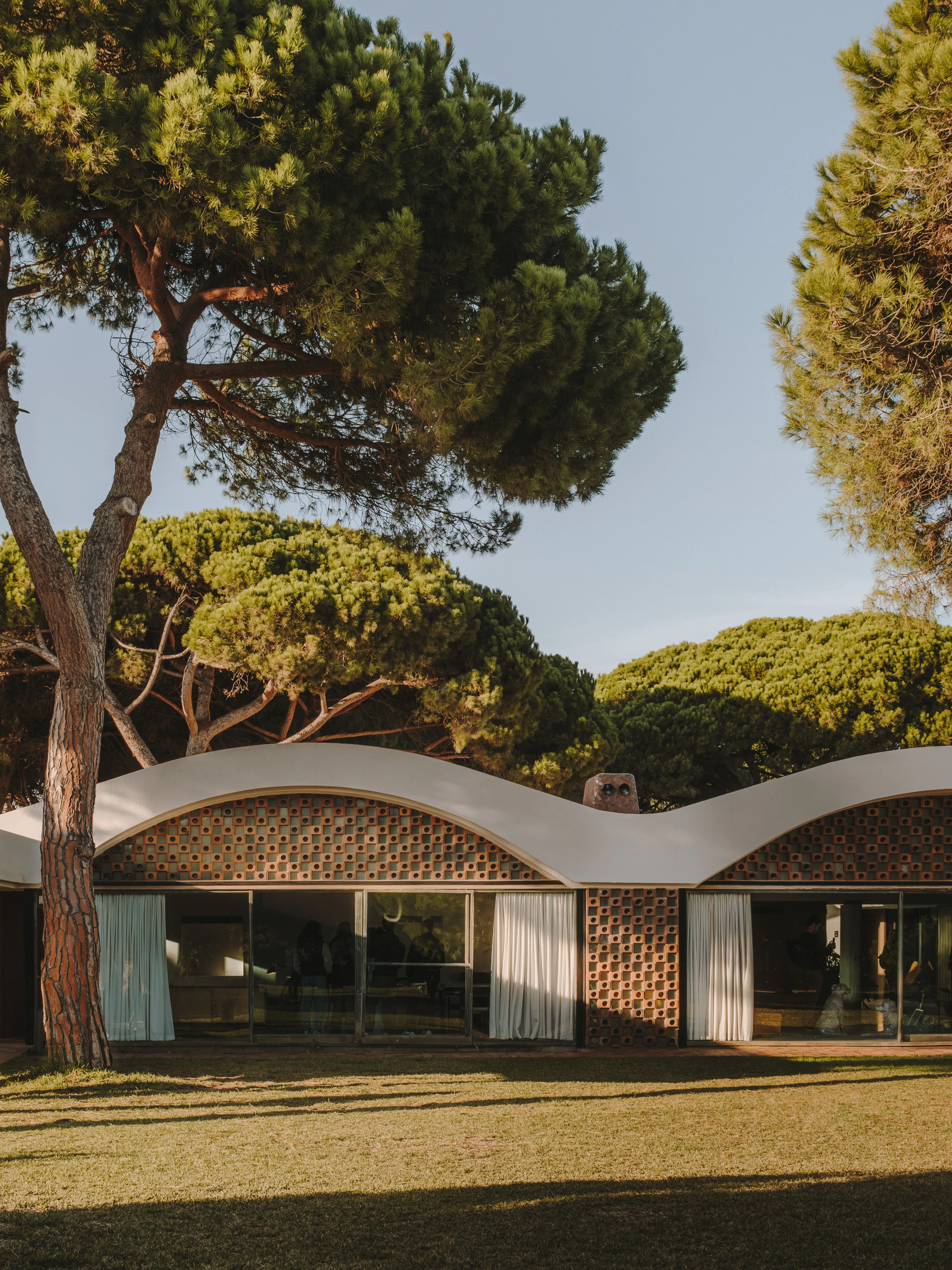 Casa moderna de mediados de siglo con techo ondulado, muros de ladrillo calado y grandes pinos en un césped soleado.